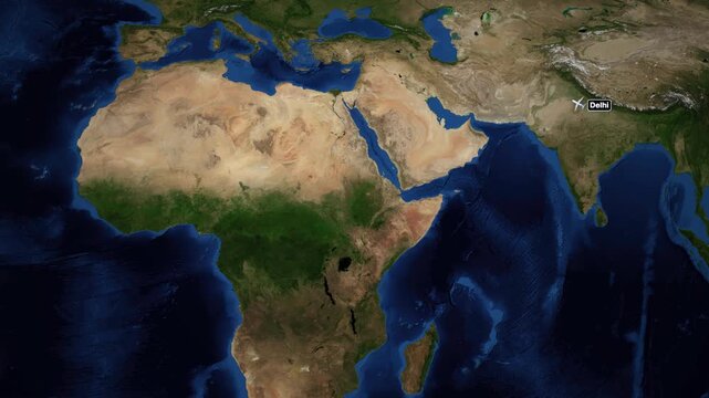 Animated Flight Route Map from Delhi India to Casablanca Morocco