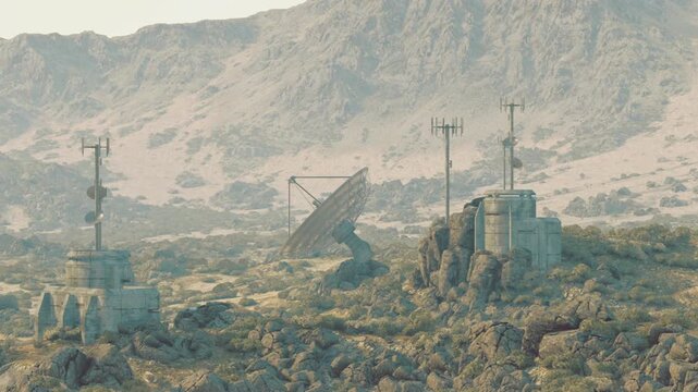mountain backhaul hub with antennas perched on ridge clustered relay buildings and dishes set against rugged peaks, morning haze, focus on cellular backhaul