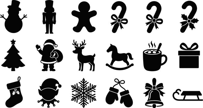 Christmas Holiday Silhouette Icon Set Featuring Santa Claus, Snowman, Reindeer, Gingerbread Man, Nutcracker, Elf, Gift Boxes, and Festive Winter Celebration Vector Symbols