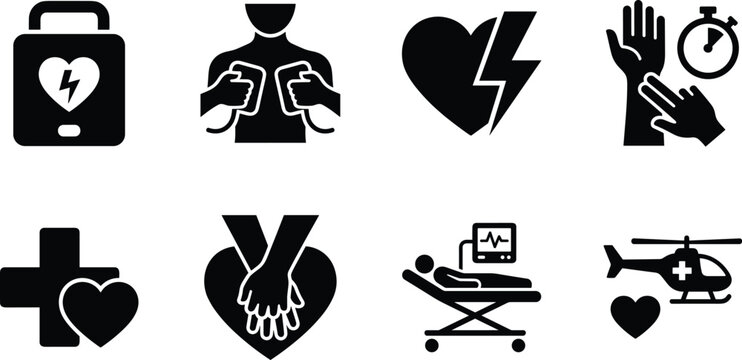 Set of medical emergency and CPR icons featuring defibrillator, first aid, and cardiac arrest rescue symbols