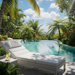 Fototapeta premium Serene Tropical Escape: Sun-drenched pool, lush foliage, ultimate relaxation.
