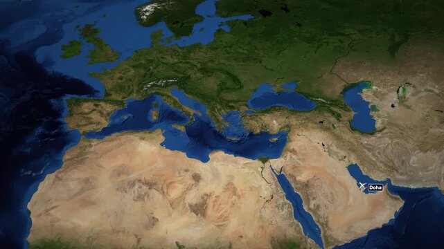 Animated Satellite Map Showing Flight Route from Doha to Dublin