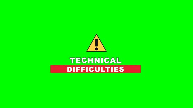 4K green screen TECHNICAL DIFFICULTIES stream standby screen - a pulsing warning sign and glitch bars, looping Twitch overlay for streamers and live broadcasts, chroma key