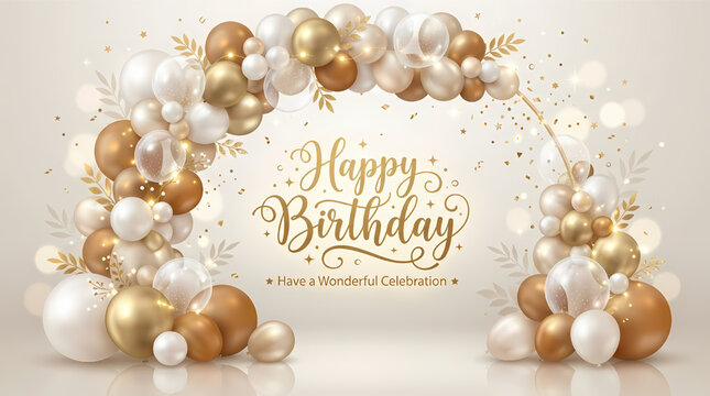 Elegant birthday balloon garland with gold with cream balloons complemented