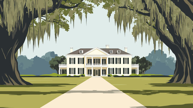 Grand southern mansion with oak trees