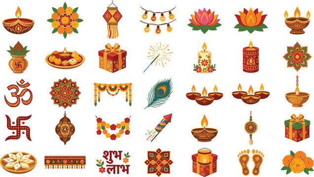 Diwali festival collection with traditional lamps flowers and holiday elements Vector