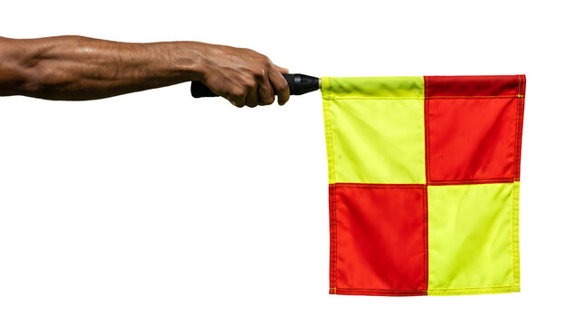 Macro close up of a sweaty realistic soccer linesman arm holding a red and yellow referee flag, isolated on transparent background