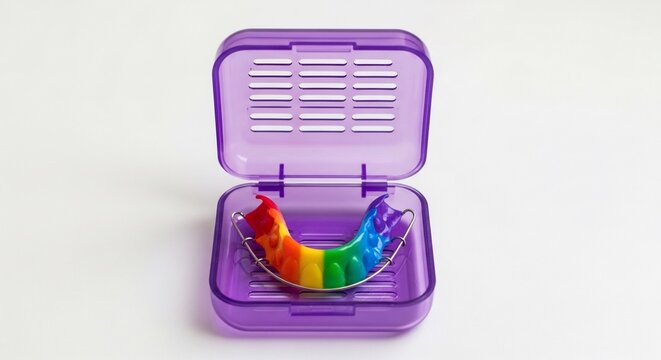 Vibrant Rainbow Dental Guard in Clear Purple Case