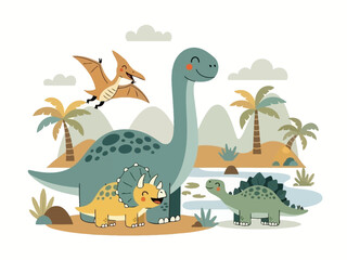 Cute Cartoon Dinosaurs Family Illustration. © Jepry