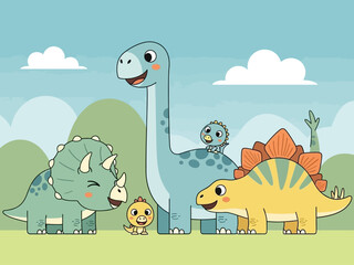 Cute cartoon dinosaurs family and baby birds illustration. © Jepry