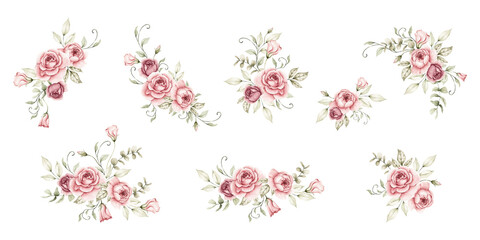 Watercolor romantic rose floral bouquet PNG set, blush and magenta pink roses, rosebuds, curly green leaf vines and eucalyptus branches, elegant greenery, clipart, for wedding cards © Carol Lozove