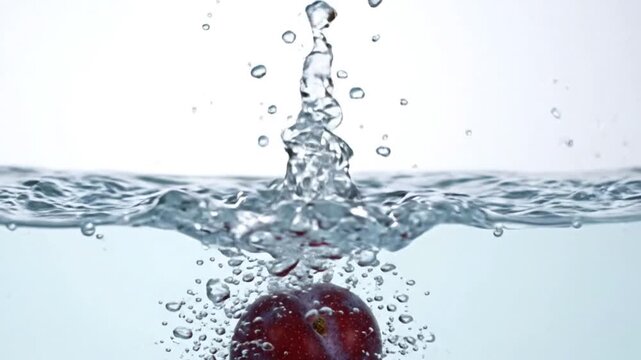 Red Plum Splashing into Clear Water