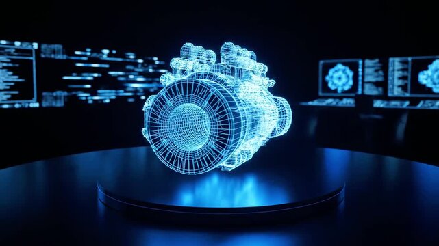 A futuristic 3D model of a mechanical object with a circular base and glowing blue light