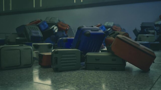 stack of colorful suitcases on floor, dim terminal scene with piled baggage, scattered tags and muted overhead lighting, empty seating in background suggesting