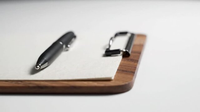 Minimalist Wooden Clipboard and Pen on White Desk