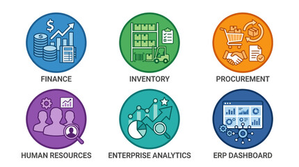 Fototapeta premium Business icons illustrate finance, inventory, procurement, human resources, and enterprise analytics in an ERP dashboard setting.