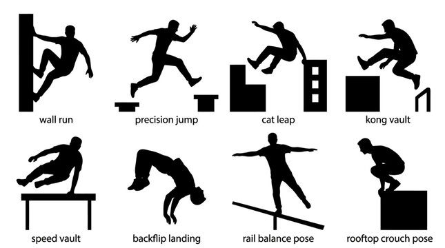 Set of parkour and free running silhouettes showing various athletic moves and jumps.