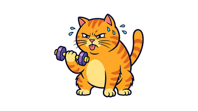 Funny ginger cat weight lifting vector illustration
