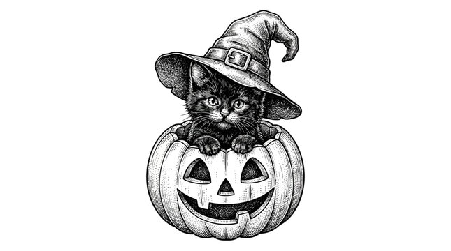 Vintage hand drawn sketch of a cute Halloween kitten in a witch hat sitting inside a jack-o-lantern pumpkin