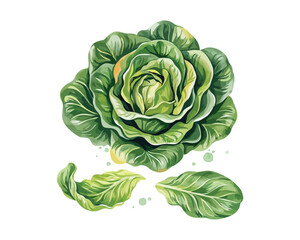 Obraz premium Watercolor Lettuce Illustration, Organic Leafy Vegetable Clipart, Isolated on White Background