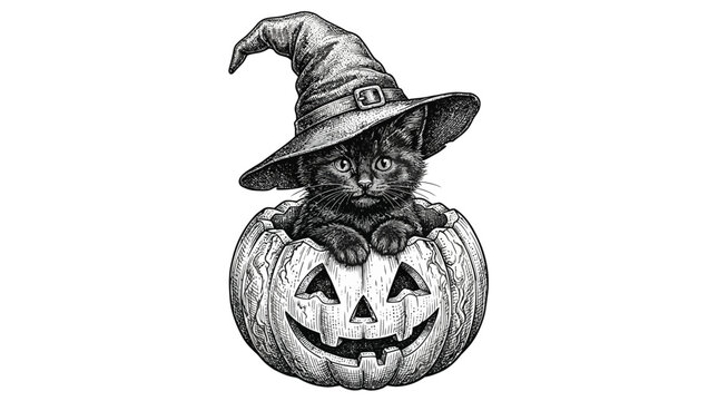 Kitten wearing a witch hat sits inside a carved jack-o'-lantern pumpkin for a festive autumn holiday celebration.