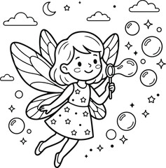 Fototapeta premium Black and white fairy blowing bubbles outdoors freely