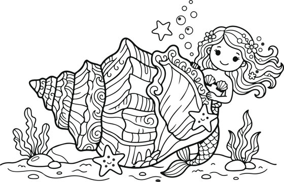Black and white line drawing mermaid sitting in shell