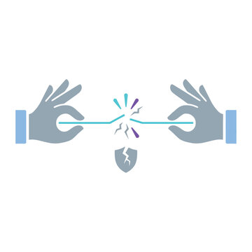 Broken trust and security concept with hands pulling apart a glowing line and a cracked shield in a flat minimalist