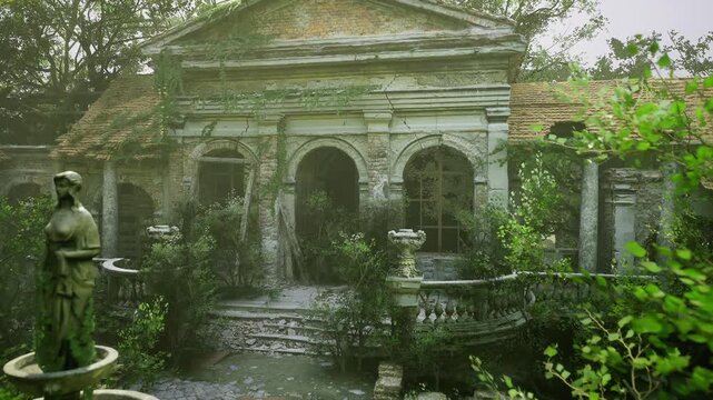 sunlit grand terrace overtaken by climbing ivy and wild shrubs, cracked marble balustrade and broken roofline, empty windows and scattered leaves create