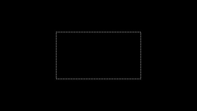 A simple white dotted rectangle outline centered on a solid black background representing a selection tool or a placeholder frame for digital