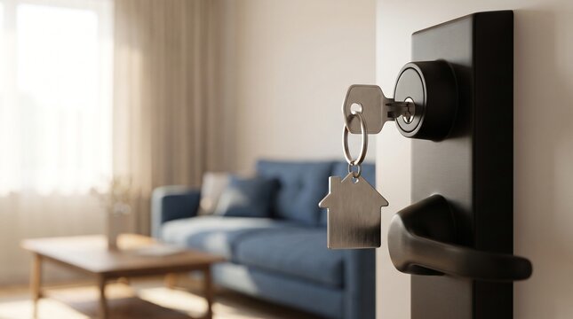 Open door to a new home with key and home shaped keychain. Mortgage, investment, real estate, property and new home concept