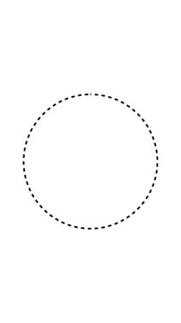 A simple black dashed line circular shape centered on a solid white background for layout and digital interface