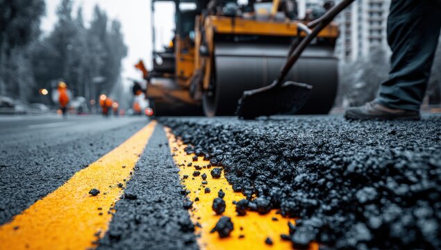 Road repair and construction asphalt paving with heavy machinery and worker in action