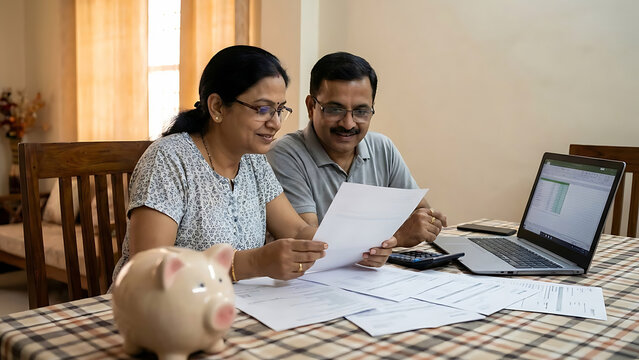 couple reviewing financial documents at home