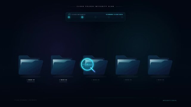 Cloud folder integrity scan animation detecting corrupted file with red error alert warning
