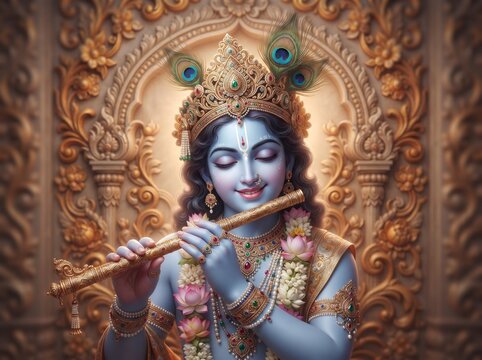 festival of happy shree krishna janmashtami abstract design background, peacock feather motifs, flute elements, dynamic composition
