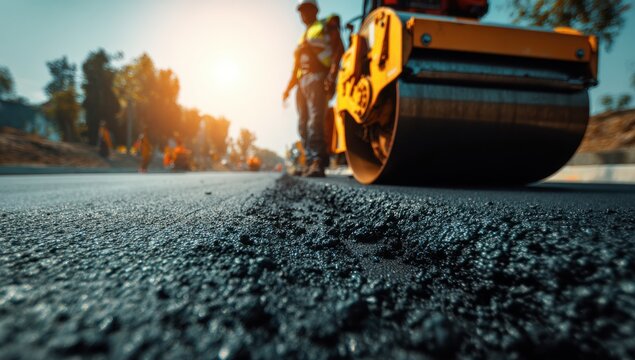 Road construction and asphalt paving a close up view of a steamroller compacting fresh pavement
