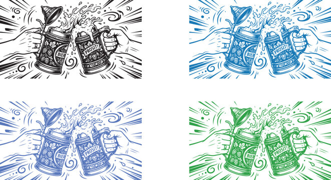 Two Traditional German Beer Steins Clinking Together in Celebration for Oktoberfest Hand Drawn Vector Illustration
