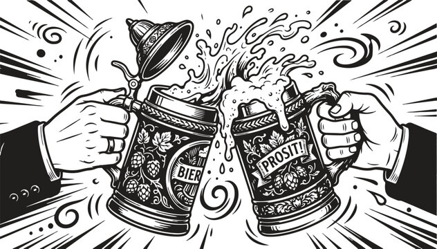 Traditional German Beer Steins Clinking Together In Toast For Oktoberfest Black And White Line Art