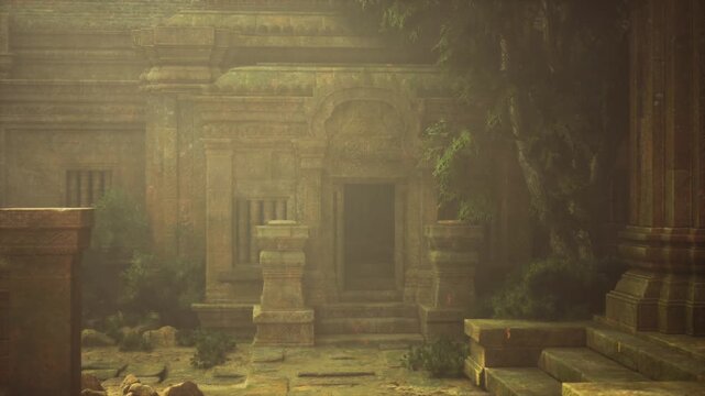 architectural survey scene outside mossy temple, weathered blocks and carved frames cataloged by conservators, warm haze illuminates textures, educational