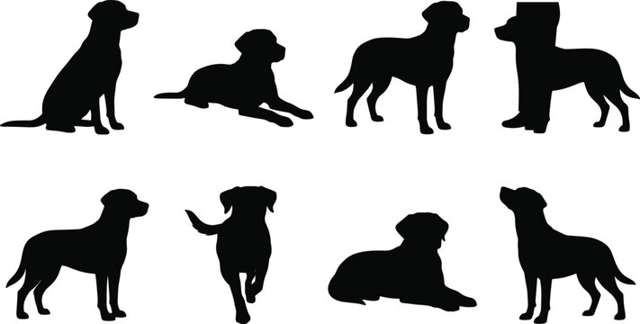Set of Eight Black Dog Silhouettes in Various Poses for Pet, Animal, and Design Illustration Projects