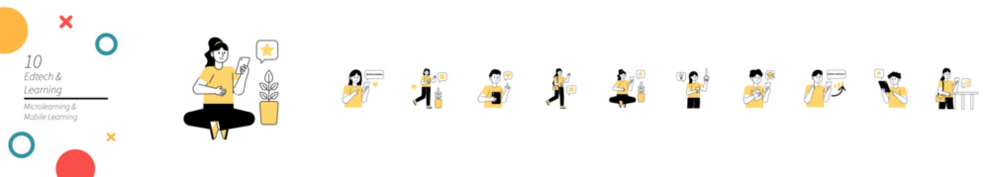 A collection of illustrations featuring people engaging in microlearning and using mobile devices for educational purposes