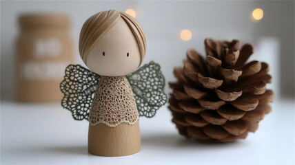 Obraz premium Wooden angel doll pine cone christmas lace wing beige craft decoration calm festive bokeh on white table