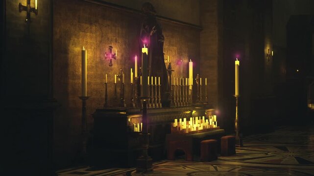 Architectural altar detail with ritual lights, ornate carvings and warm highlights, devotional stillness, aged stone texture and quiet glow