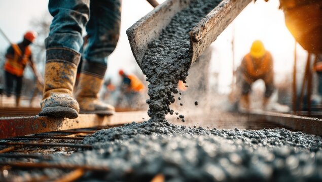 Concrete pouring at construction site workers laying foundation for new infrastructure project
