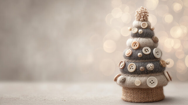 Burlap tree button ornament christmas rustic decor beige background with soft bokeh light for holiday craft