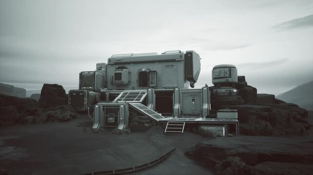 modular outpost on rugged coastline, metallic containers linked by ramp and platform, gloomy overcast sky, stormready architecture, abandoned industrial vibe,