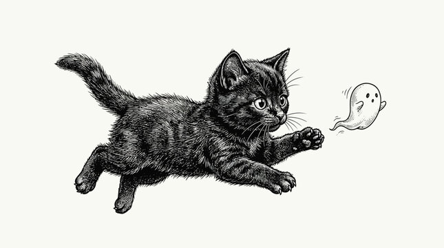 Hand drawn vintage engraving of a playful black kitten chasing a cute little ghost