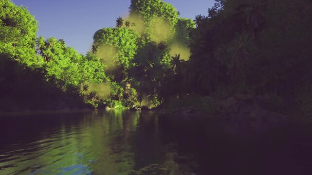 mauve lagoon reflected by green trees, soft shimmering water surface, secluded atmosphere, perfect for relaxation, meditation and eco getaway visuals