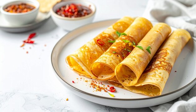 Apam Balik folded pancake displayed on a white background with clean copy space, traditional Malaysian dessert, realistic food styling
